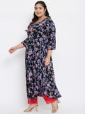 Women Rayon Black Floral Printed A-Line Kurta Plus Size