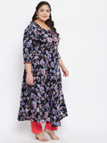 Women Rayon Black Floral Printed A-Line Kurta Plus Size