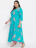Women Plus Size Rayon Turquoise Printed A-Line Kurta