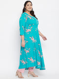 Women Plus Size Rayon Turquoise Printed A-Line Kurta