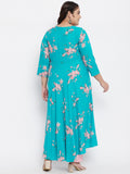 Women Plus Size Rayon Turquoise Printed A-Line Kurta