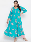Women Plus Size Rayon Turquoise Printed A-Line Kurta