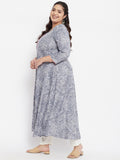 Women Plus Size Rayon Grey & White Floral Printed Kurta