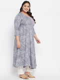 Women Plus Size Rayon Grey & White Floral Printed Kurta