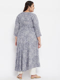 Women Plus Size Rayon Grey & White Floral Printed Kurta