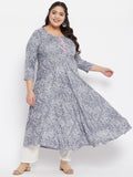 Women Plus Size Rayon Grey & White Floral Printed Kurta