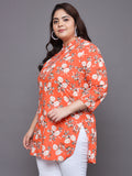 Women Plus Size Orange Floral Printed Pure Cotton Kurti