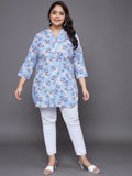 Women Plus Size Sky Blue Floral Printed Pure Cotton Kurti