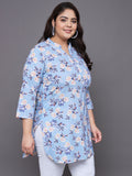 Women Plus Size Sky Blue Floral Printed Pure Cotton Kurti