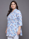 Women Plus Size Sky Blue Floral Printed Pure Cotton Kurti