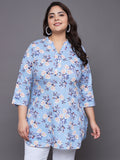 Women Plus Size Sky Blue Floral Printed Pure Cotton Kurti