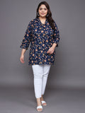 Women Plus Size Navy Floral Printed Pure Cotton Kurti