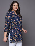 Women Plus Size Navy Floral Printed Pure Cotton Kurti
