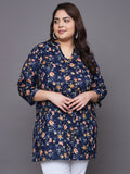 Women Plus Size Navy Floral Printed Pure Cotton Kurti