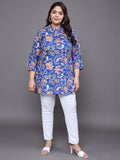Women Plus Size Blue Floral Printed Pure Cotton Kurti