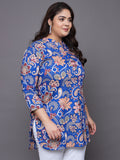 Women Plus Size Blue Floral Printed Pure Cotton Kurti