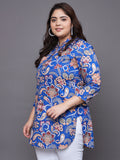 Women Plus Size Blue Floral Printed Pure Cotton Kurti