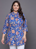 Women Plus Size Blue Floral Printed Pure Cotton Kurti