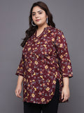 Women Plus Size Maroon Floral Printed Pure Cotton Kurti