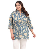 Women Plus Size Cotton Satin Grey Floral Printed Kurti