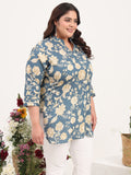 Women Plus Size Cotton Satin Grey Floral Printed Kurti