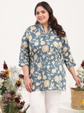 Women Plus Size Cotton Satin Grey Floral Printed Kurti
