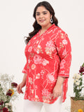 Women Plus Size Red Floral Printed Cotton Satin Kurti