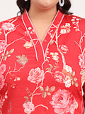 Women Plus Size Red Floral Printed Cotton Satin Kurti