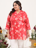 Women Plus Size Red Floral Printed Cotton Satin Kurti