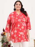 Women Plus Size Red Floral Printed Cotton Satin Kurti