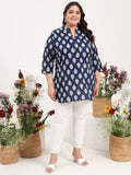 Women Plus Size Indigo Leaf Printed Pure Cotton Kurti