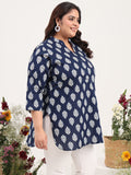 Women Plus Size Indigo Leaf Printed Pure Cotton Kurti