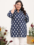 Women Plus Size Indigo Leaf Printed Pure Cotton Kurti
