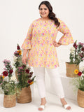 Women Plus Size Yellow Printed Pure Cotton Flared Sleeves Kurti