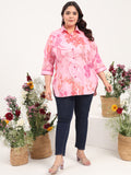 Women Plus Size Cotton Satin Pink Floral Printed Shirt Kurti