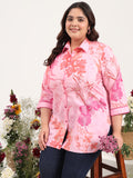 Women Plus Size Cotton Satin Pink Floral Printed Shirt Kurti