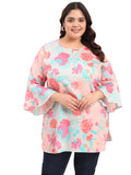 Women Plus Size Peach Floral Printed Cotton Satin Flared Sleeves Kurti