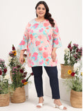 Women Plus Size Peach Floral Printed Cotton Satin Flared Sleeves Kurti