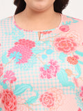 Women Plus Size Peach Floral Printed Cotton Satin Flared Sleeves Kurti