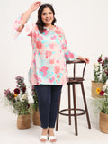 Women Plus Size Peach Floral Printed Cotton Satin Flared Sleeves Kurti