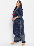 Women Plus Size Pure Cotton Indigo Printed Kurta with Palazzo