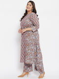 Women Plus Size Cotton Grey Printed Kurta with Palazzo