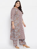 Women Plus Size Cotton Grey Printed Kurta with Palazzo