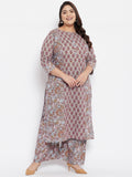 Women Plus Size Cotton Grey Printed Kurta with Palazzo