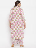 Women Plus Size Cotton Cream Floral Printed Kurta with Palazzo