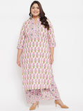 Women Plus Size Cotton Cream Floral Printed Kurta with Palazzo