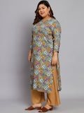 Women Plus Size Grey & Yellow Printed Kurta with Palazzo