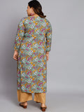 Women Plus Size Grey & Yellow Printed Kurta with Palazzo