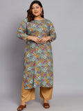 Women Plus Size Grey & Yellow Printed Kurta with Palazzo