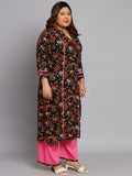Women Plus Size Black & Pink Floral Printed Kurta with Palazzo